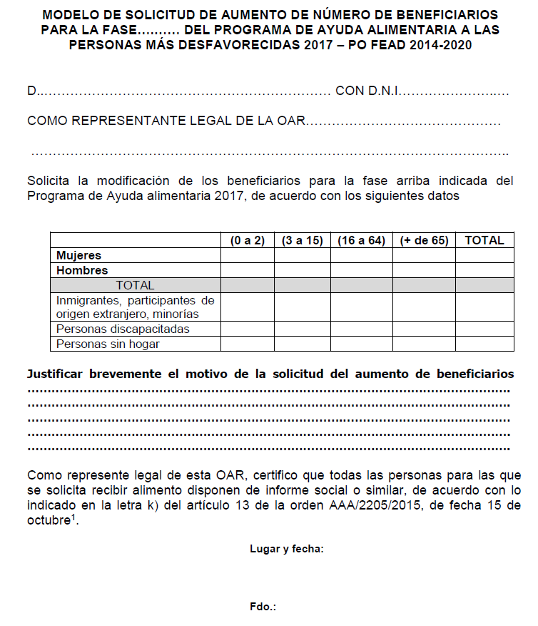 Modelo de solicitud de aumento en el número de beneficiarios