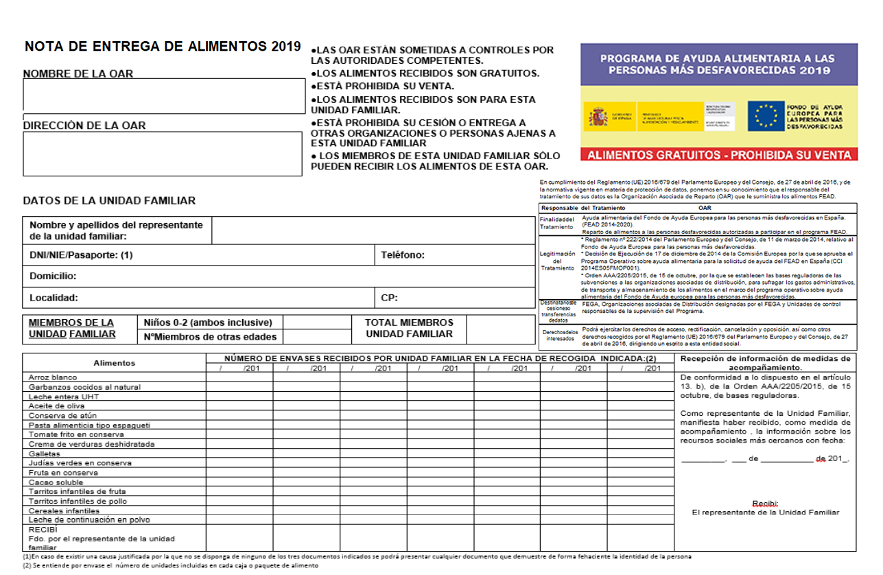 Nota de entrega de alimentos 2019